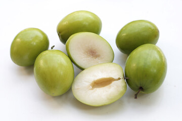 Green jujube fruits on white background.