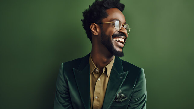 portrait of african american man wearing green suit isolated on green background 