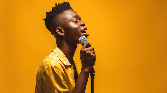 portrait of african american man singing with microphone isolated on yellow background 