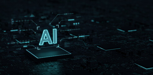 Artificial Intelligence hardware concept. 
Glowing  AI circuit on computer motherboard. 
big data processing, ai trading, machine learning, technology, 3D illustration, 3D rendering.