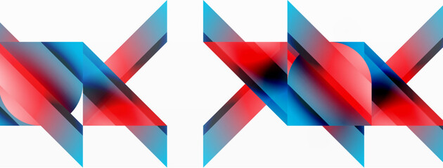 Fototapeta premium Vibrant color triangles and circles on white background intertwine to create captivating and harmoniously balanced composition for digital designs, presentations, website banners, social media posts