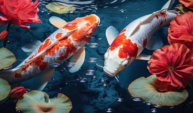 Koi fishes swimming in a koi fish pond created with AI