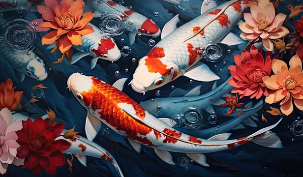 Koi fishes swimming in a koi fish pond created with AI