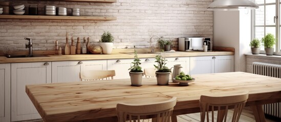 Scandinavian-inspired kitchen with a rustic wooden table.