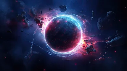 Photo sur Plexiglas Univers Stars, planets, fantasy landscapes of the future. Futuristic space sci-fi abstract background Sci-fi landscape with planets, neon lights, cool planets, 3D render.