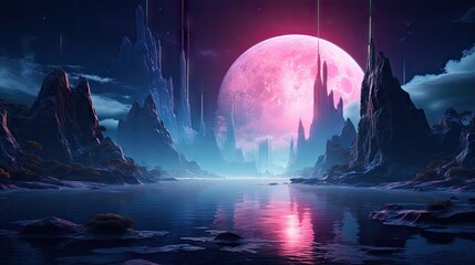 Fototapeta premium Stars, planets, fantasy landscapes of the future. Futuristic space sci-fi abstract background Sci-fi landscape with planets, neon lights, cool planets, 3D render.