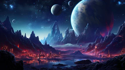 Wall murals Fantasy Landscape Stars, planets, fantasy landscapes of the future. Futuristic space sci-fi abstract background Sci-fi landscape with planets, neon lights, cool planets, 3D render.