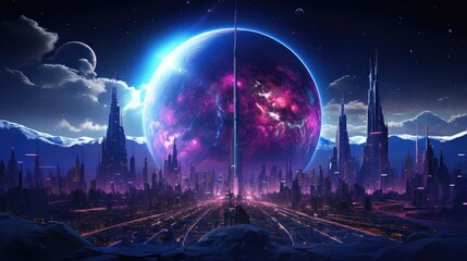 Stars, planets, fantasy landscapes of the future. Futuristic space sci-fi abstract background Sci-fi landscape with planets, neon lights, cool planets, 3D render.