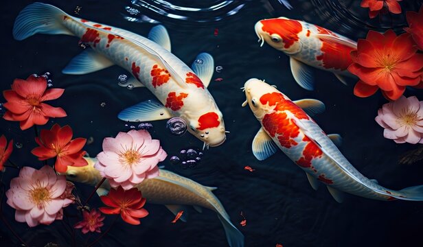 Koi fishes swimming in a koi fish pond created with AI