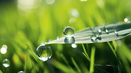 A beautiful morning dew macro photography shot of clean transparent rain water drops, multiple...