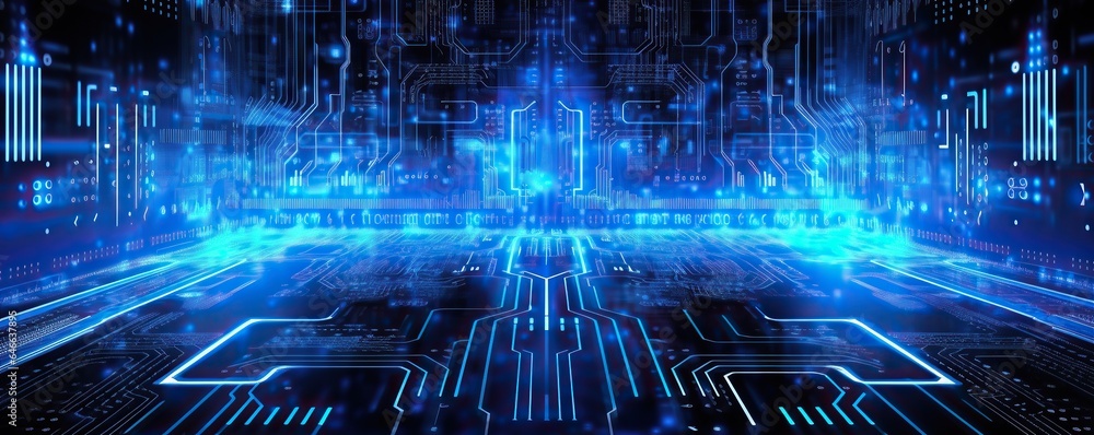 Poster hi-tech digital background in blue color.generative ai