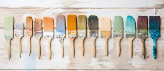 Bird's eye view of a paintbrush and various color samples on a white wooden background.