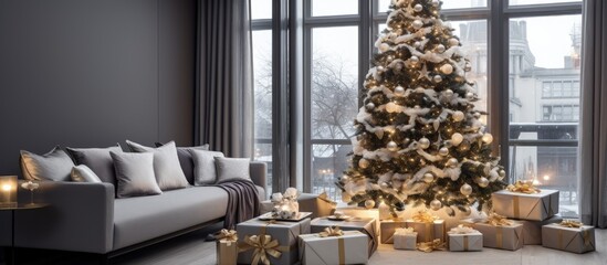 Luxury apartments feature a stylish living room adorned with a decorated Christmas tree and presents, complimented by textured gray walls. - obrazy, fototapety, plakaty