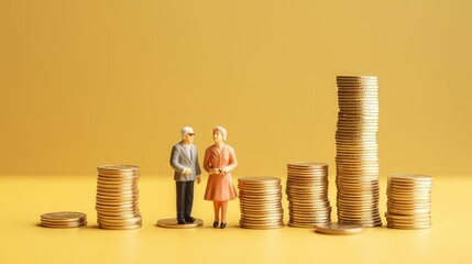 plastic model senior married couple standing on a stack of coins. concept to show retirement and retirement savings. generative AI