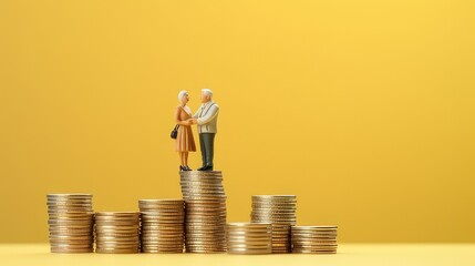 plastic model senior married couple standing on a stack of coins. concept to show retirement and retirement savings. generative AI