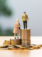 plastic model senior married couple standing on a stack of coins. concept to show retirement and retirement savings. generative AI - obrazy, fototapety, plakaty