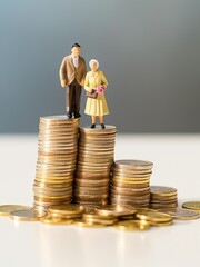 plastic model senior married couple standing on a stack of coins. concept to show retirement and retirement savings. generative AI