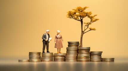 plastic model senior married couple standing on a stack of coins. concept to show retirement and retirement savings. generative AI - obrazy, fototapety, plakaty
