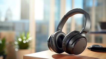 Obraz na płótnie Canvas Noise-Canceling Headphones Resting on a Desk Amidst a Quiet Home Office Setting