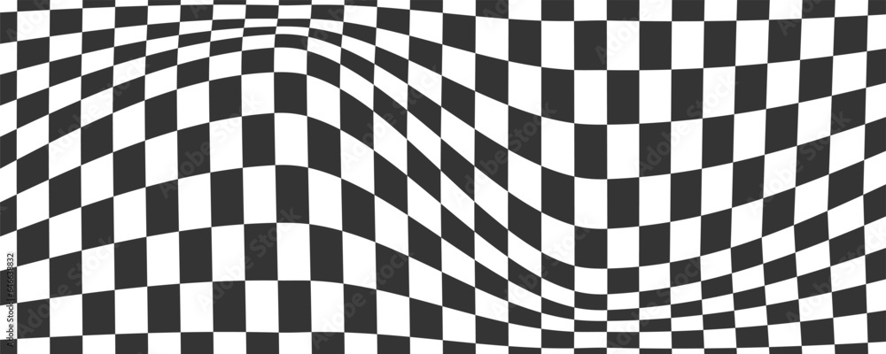 Poster checkerboard wavy pattern. abstract chess square print. black and white psychedelic optical illusion