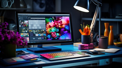 A Designer's Workspace Featuring a Graphic Tablet and Color Swatches - Powered by Adobe