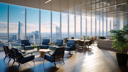 Fototapeta na wymiar A Business Lounge Offering a Stunning City View Through Floor-to-Ceiling Windows