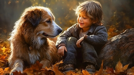 A Watercolor Painting of a Boy Sitting With a Dog on Autumn Leaves
