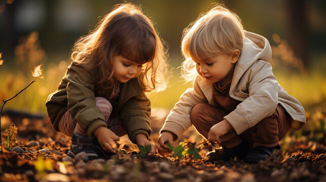 Cute children playing outdoor with warm light.