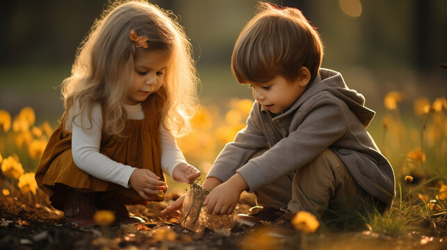 Cute children playing outdoor with warm light.