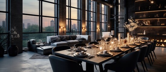 Lofty studio apartment with big windows, black wooden furniture, open layout, and a view of a large dining table with white plates, glasses, and candles.