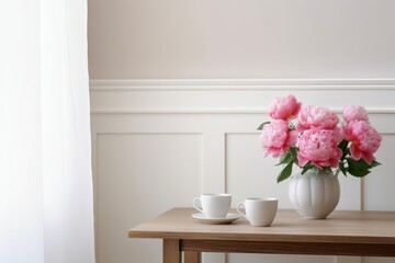 Living room still life. Vase with pink peonies flowers. Cup of tea, coffee and tea pot on wooden table near window with curtains. Romantic breakfast. white wall background with elegant, Generative AI