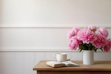 Elegant interior still life. Vase with pink peonies flowers. Cup of tea, coffee on books. Wooden table, desk. Romantic breakfast. Minimal rustic home, Generative AI