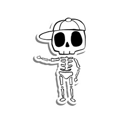 Cute cartoon Skeleton Wearing a Cap on white silhouette and gray shadow. Vector illustration about halloween.
