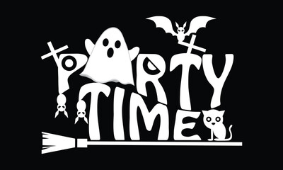 black background and ghosts with white party time writing. It can be used on Halloween