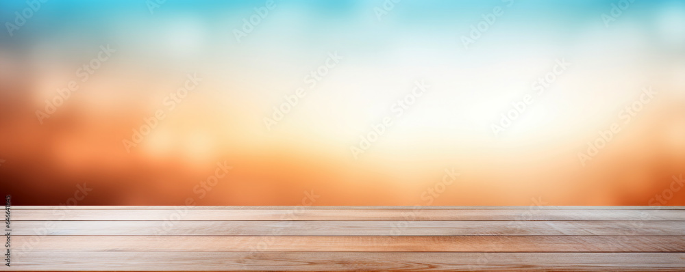 Poster wooden table top on blurred sunshine background - can be used for display or montage your products. 