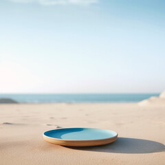 Fototapeta na wymiar Blue ceramic plate on the sand on the beach with sea in the background. High quality photo