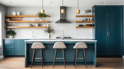 Blue Kitchen Design: Stylish Interiors with Table and Chair