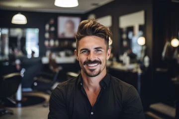 Papier Peint photo Salon de beauté Smiling portrait of a happy young male caucasian hairstylist or barber working in a hair salon or barbershop