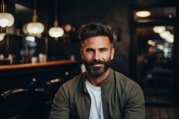 Smiling portrait of a happy young male caucasian hairstylist or barber working in a hair salon or barbershop - Powered by Adobe