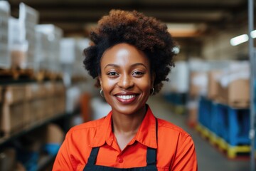 Smiling portrait of a happy female african american factory worker working in a factory