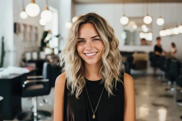 Keuken spatwand met foto Smiling portrait of a happy female caucasian hairstylist or hairdresser working in her hair salon © Geber86