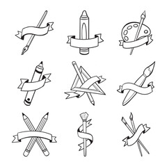 set of art supply with ribbon hand drawn vector