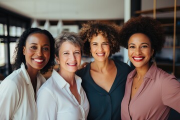Smiling portrait of a happy female middle aged group of coworkers or colleagues working together for a startup company in a modern business office