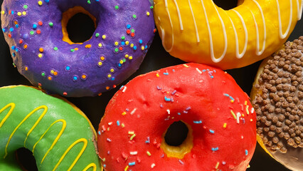 Donuts with multicolored glaze and various confectionery sprinkles lie on a black table. Sweet delicious dessert.