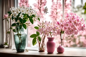 closeup view, jasmin flower, in the vases of pink colour, near home window