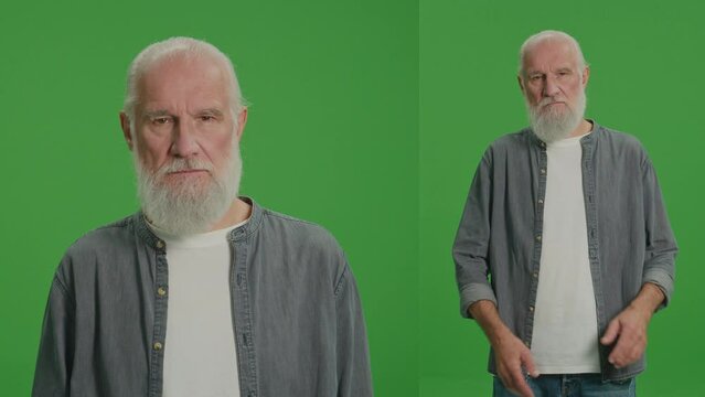 2-in-1 Split Green Screen Montage. Portrait of a Sad Old Man Was Offended by Someone. Mental Health for Seniors.