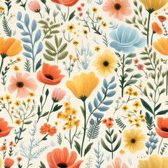 Watercolor painted floral seamless pattern with botanical pattern. Summer garden flowers nature shapes in autumnal colouring. For decorating cards, wedding invitations.