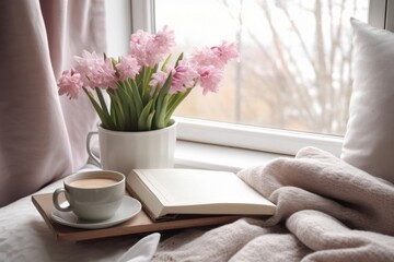 Obraz na płótnie Canvas Cozy Easter, spring still life scene. Cup of coffee, books and blank greeting card on windowsill. Vintage feminine styled photo. Moody floral composition. Potted pink hyacinth flowers. Generative AI