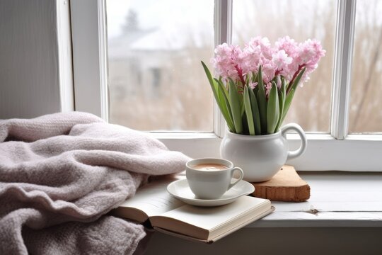 Cozy Easter, spring still life scene. Cup of coffee, books and blank greeting card on windowsill. Vintage feminine styled photo. Moody floral composition. Potted pink hyacinth flowers. Generative AI