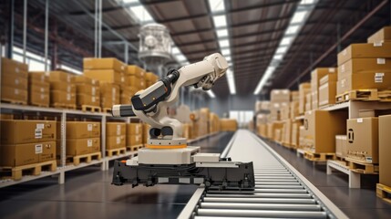 Naklejka premium Automated Robot Carriers And Robotic Arm In Smart Distribution Warehouse.